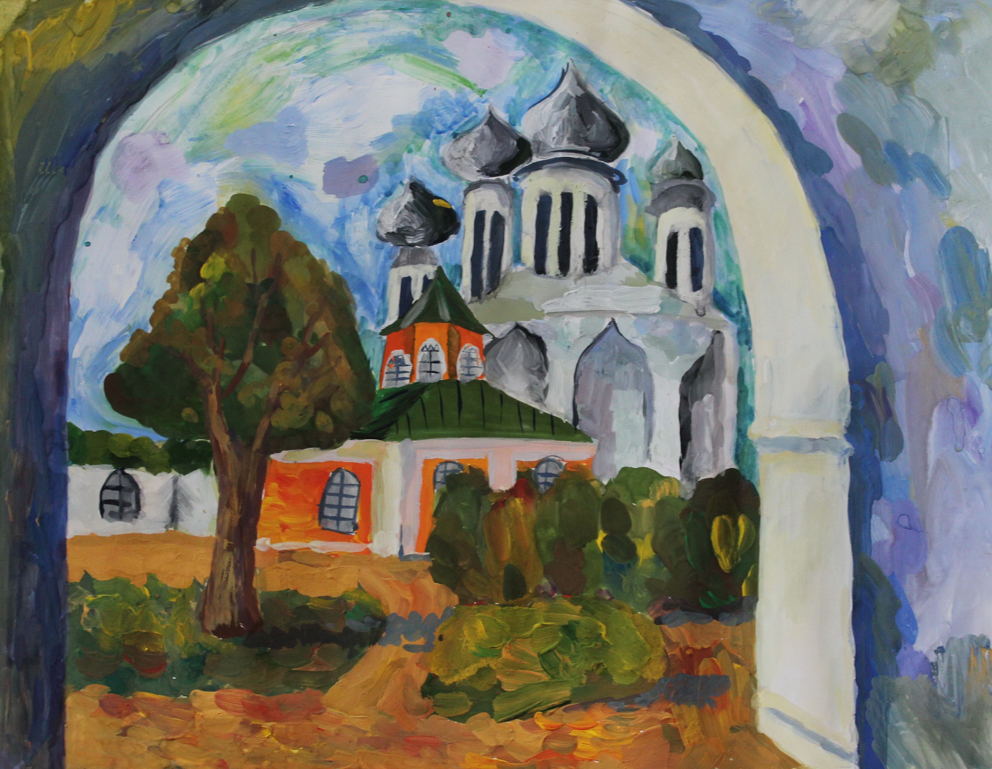 «Тихвинский монастырь», Крылова Татьяна (12 лет), гуашь, преп. Малевинская Н. В.