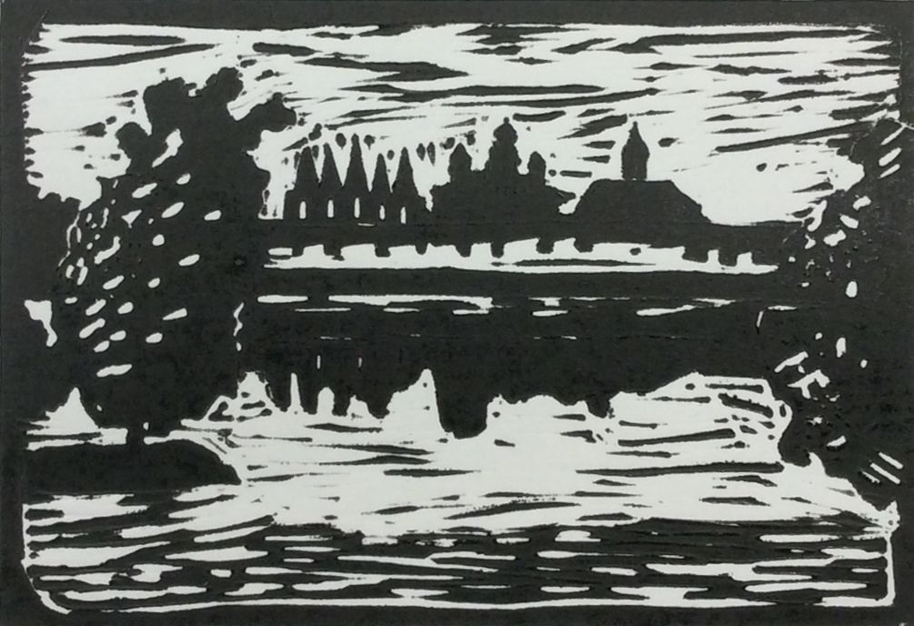 "Вид на монастырь с берега", Ксения Голубева (14 лет), литогравюра, преп. В. В. Воронова