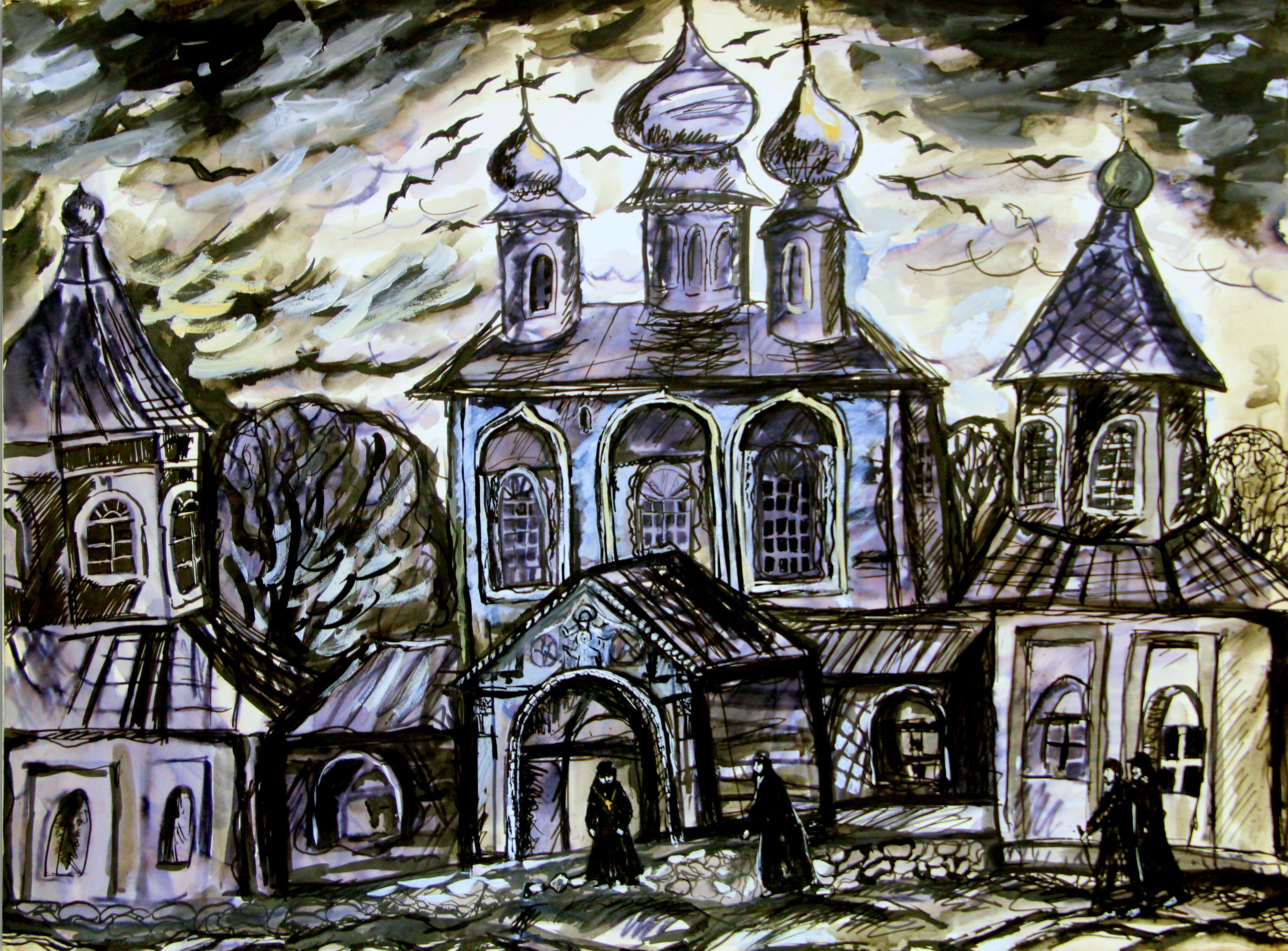 "Тихвинский монастырь Успения", Курилин Максим (9 лет), графика, преп. Мельникова Н. А.