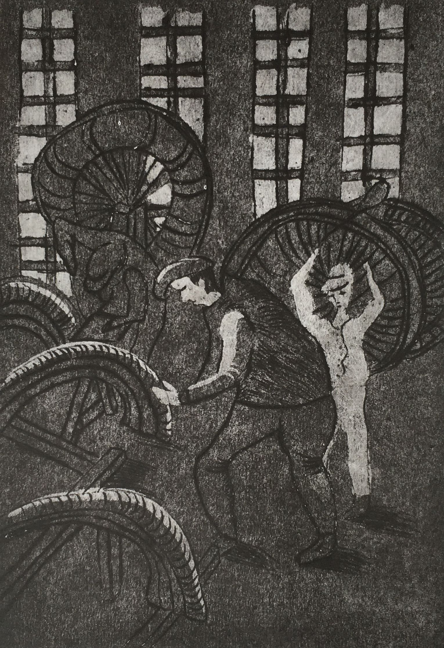 Смирнова Анна. 14 лет. «Юные рыбаки», гравюра на картоне. Преподаватель [В. В. Воронова](/teacher/vv-voronova)