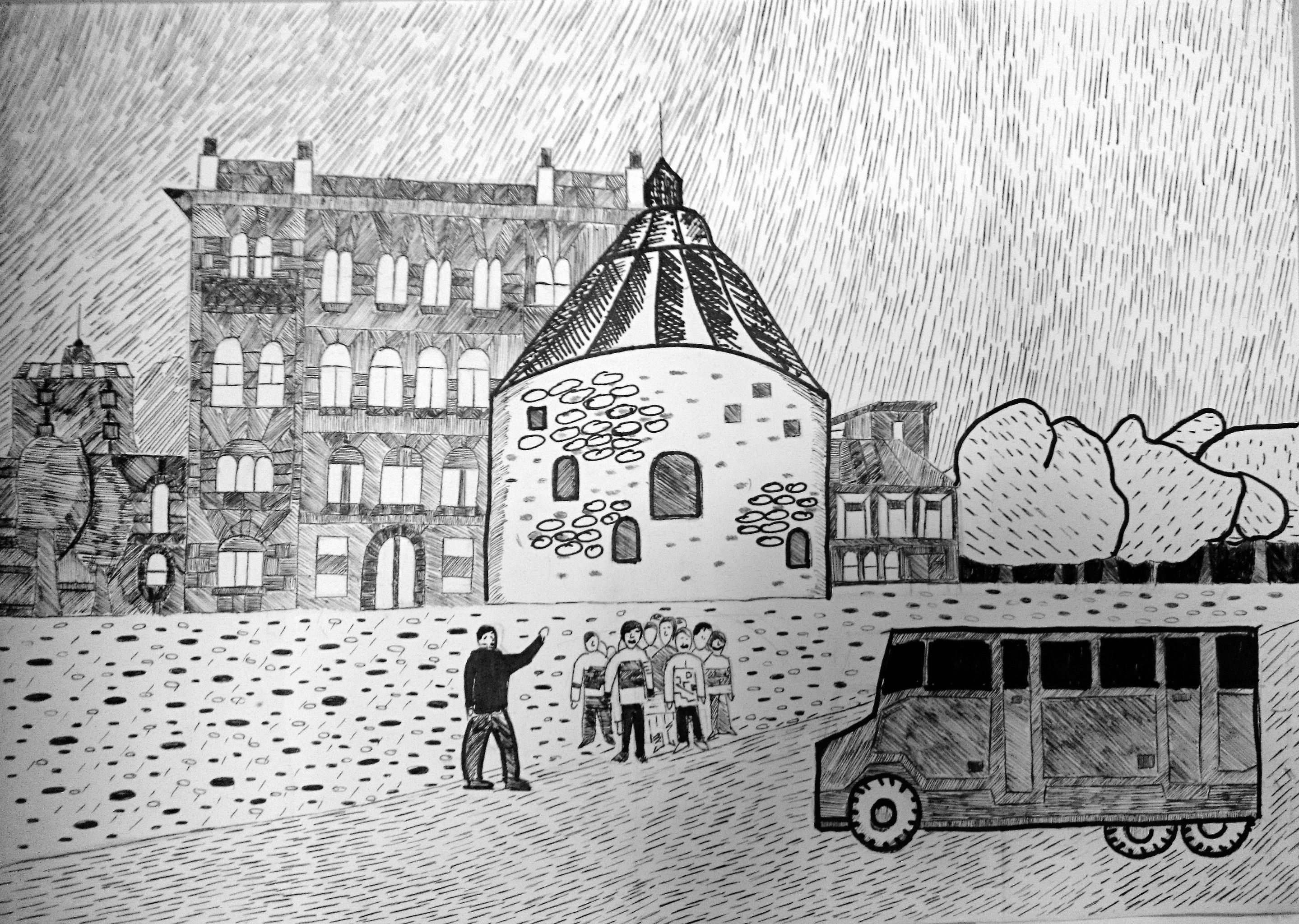 "Выборг. Круглая башня", Злобин Михаил (12 лет), маркер, гелевая ручка. Преп. Рец А.Ф.