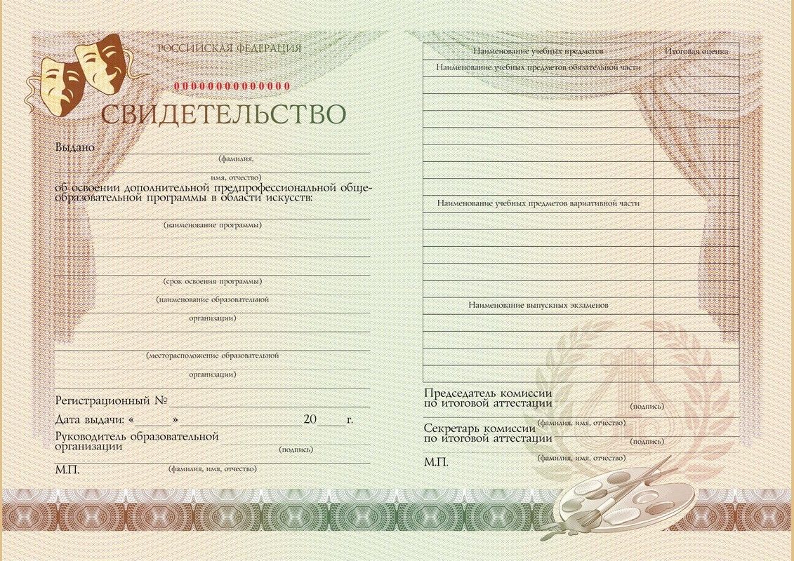 Свидетельство об освоении дополнительных предпрофессиональных программ в области искусств (Приказ Минкультуры № 975 от 10.07.2013г.)