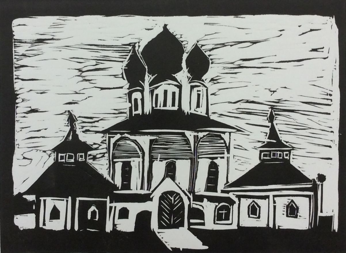 "Собор Тихвинского монастыря", Снежанна Бастарева (14 лет) литогравюра, преп. В. В. Воронова