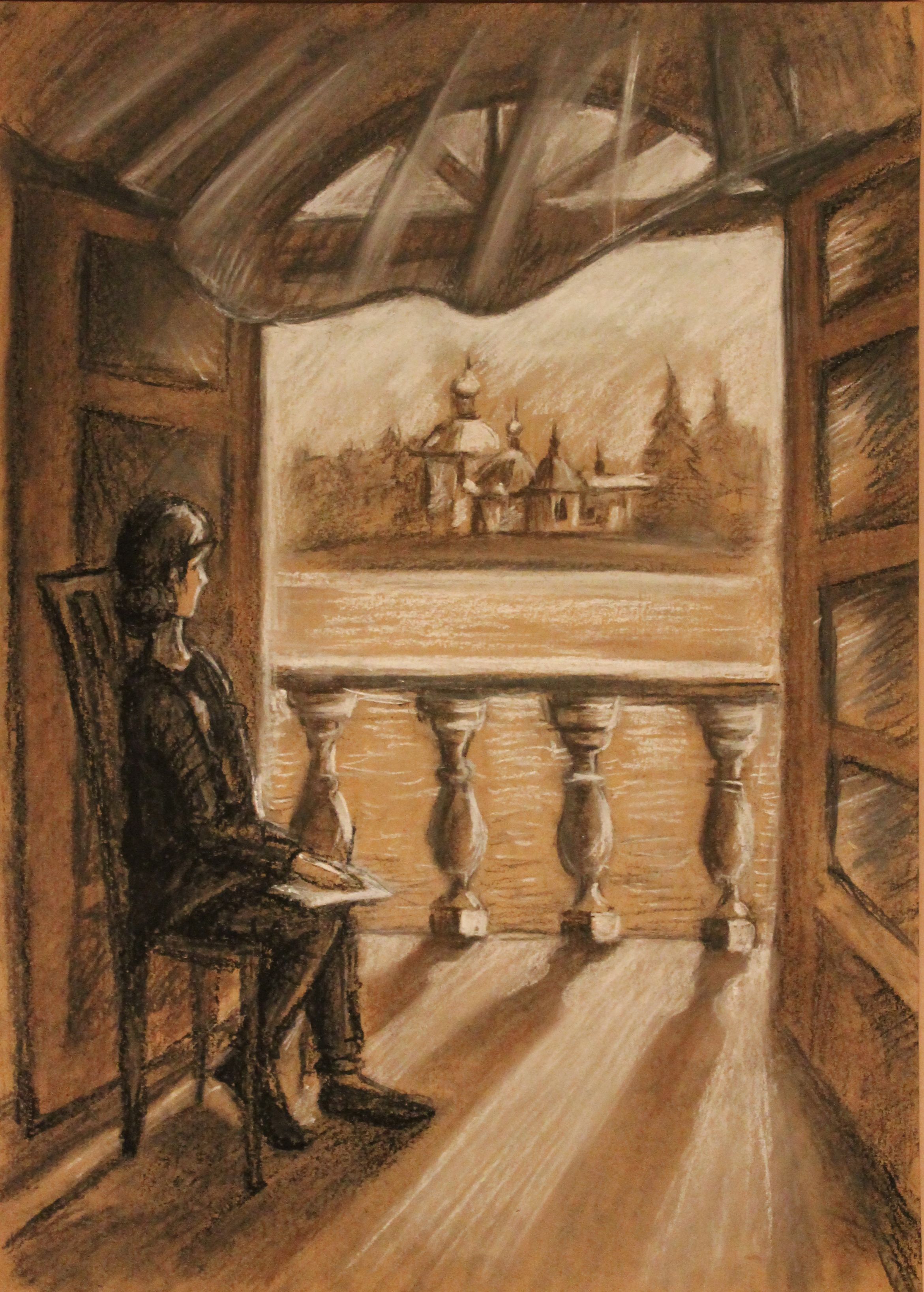 «Вид на Тихвинский монастырь», Руденко Ирина (14 лет),  уголь, соус, преп. Малевинская Н. В.